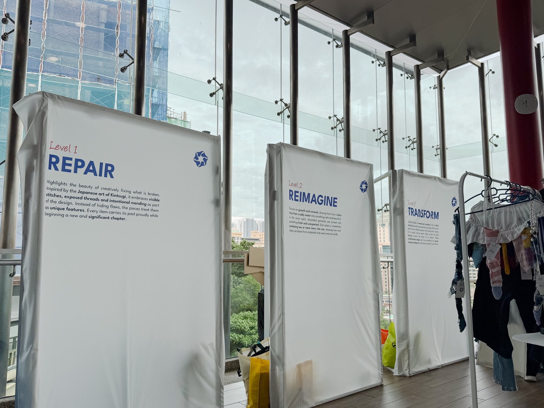 Printed textile information panels within the exhibition